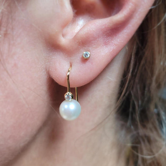 RAW Pearl & Diamond Hook Earrings 18ct Yellow gold