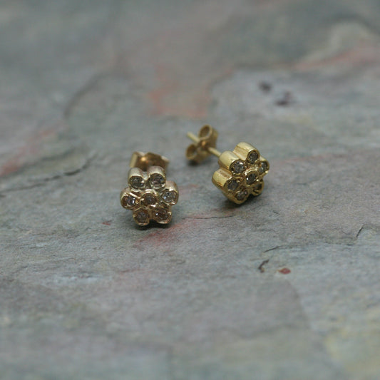 RAW 9ct Yellow Gold Diamond Flower Studs