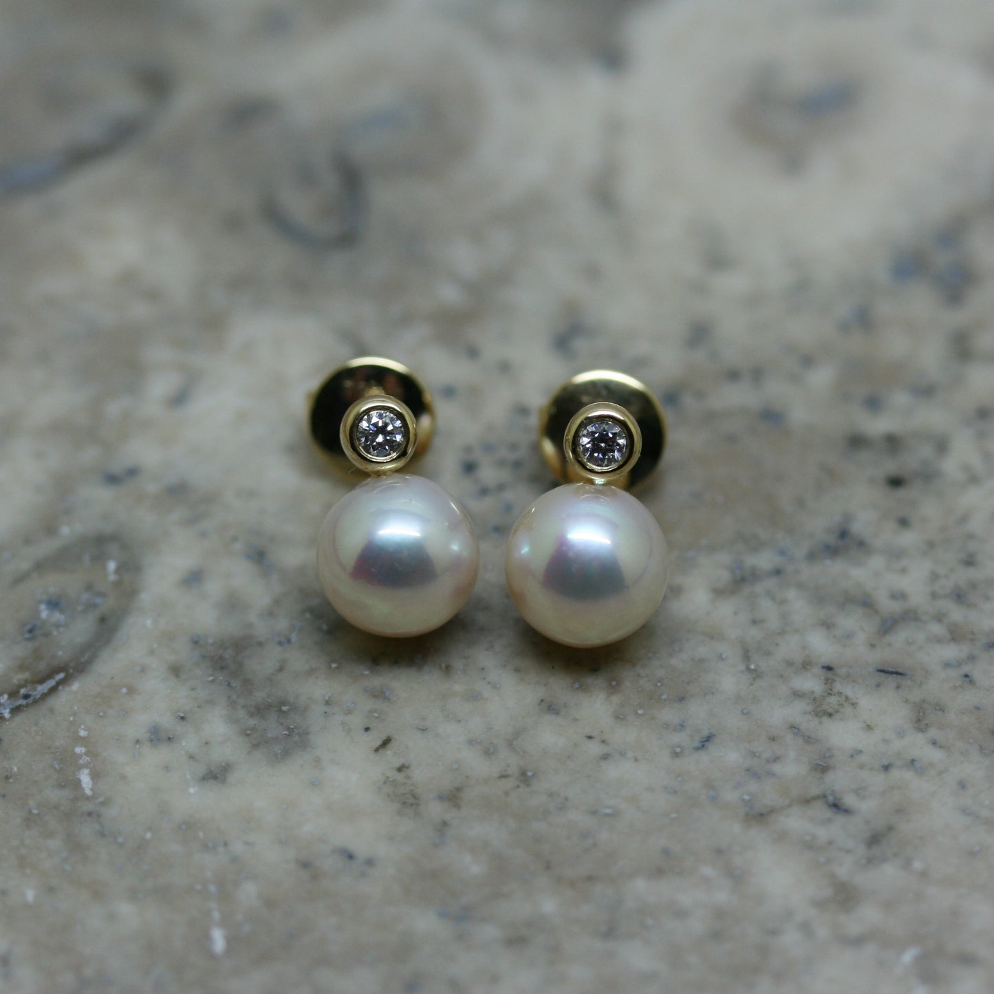 RAW 18ct Yellow Gold Freshwater Pink Pearl & Diamond Stud Earrings