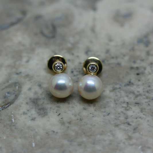 RAW 18ct Yellow Gold Freshwater Pink Pearl & Diamond Stud Earrings