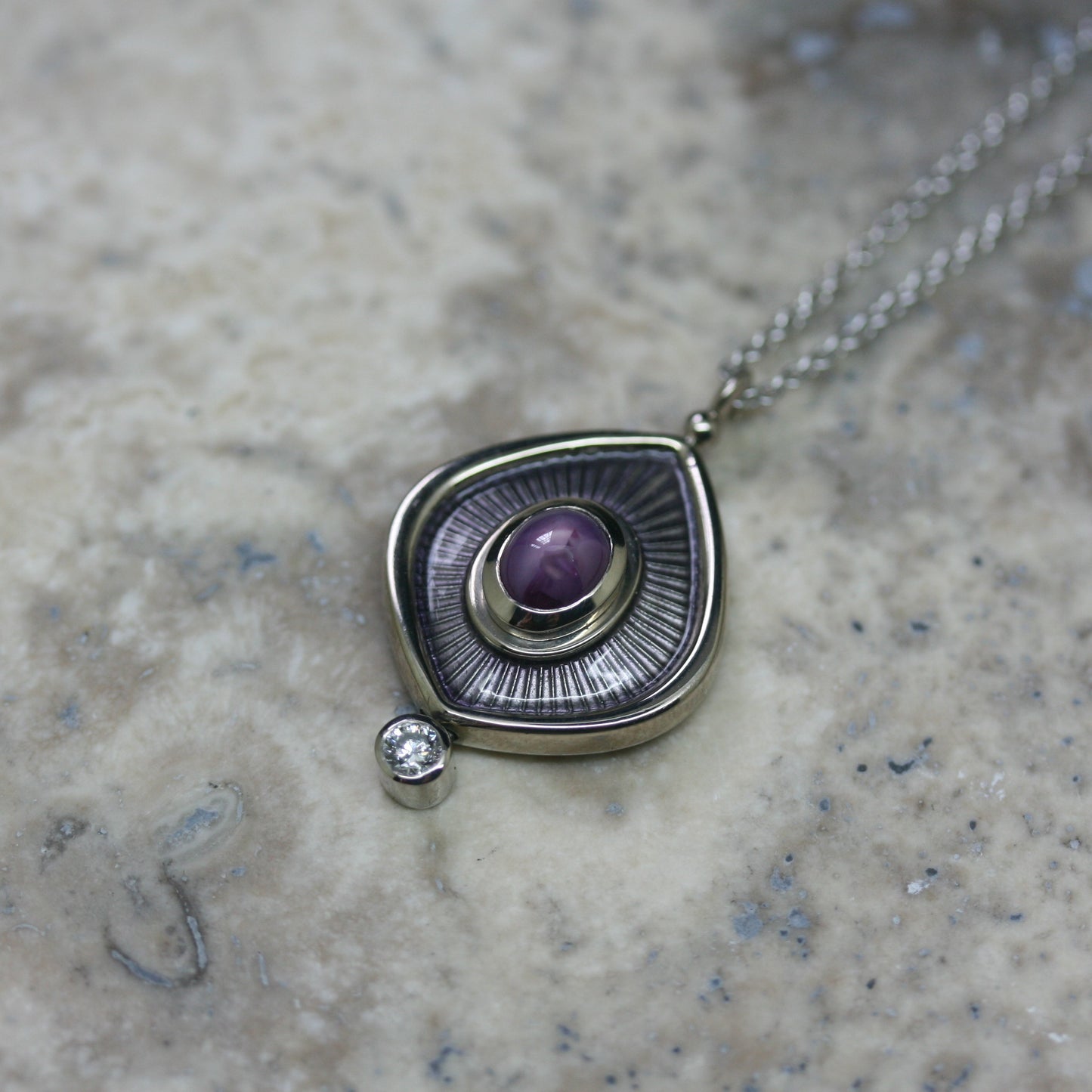 ADAM 18ct White Gold, Enamel, Star Ruby & Diamond 'Byzantine' Necklace