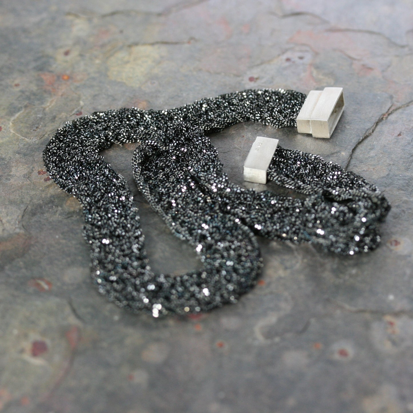 MARIA Black Rhodium Plated Woven Silver Statement Necklace