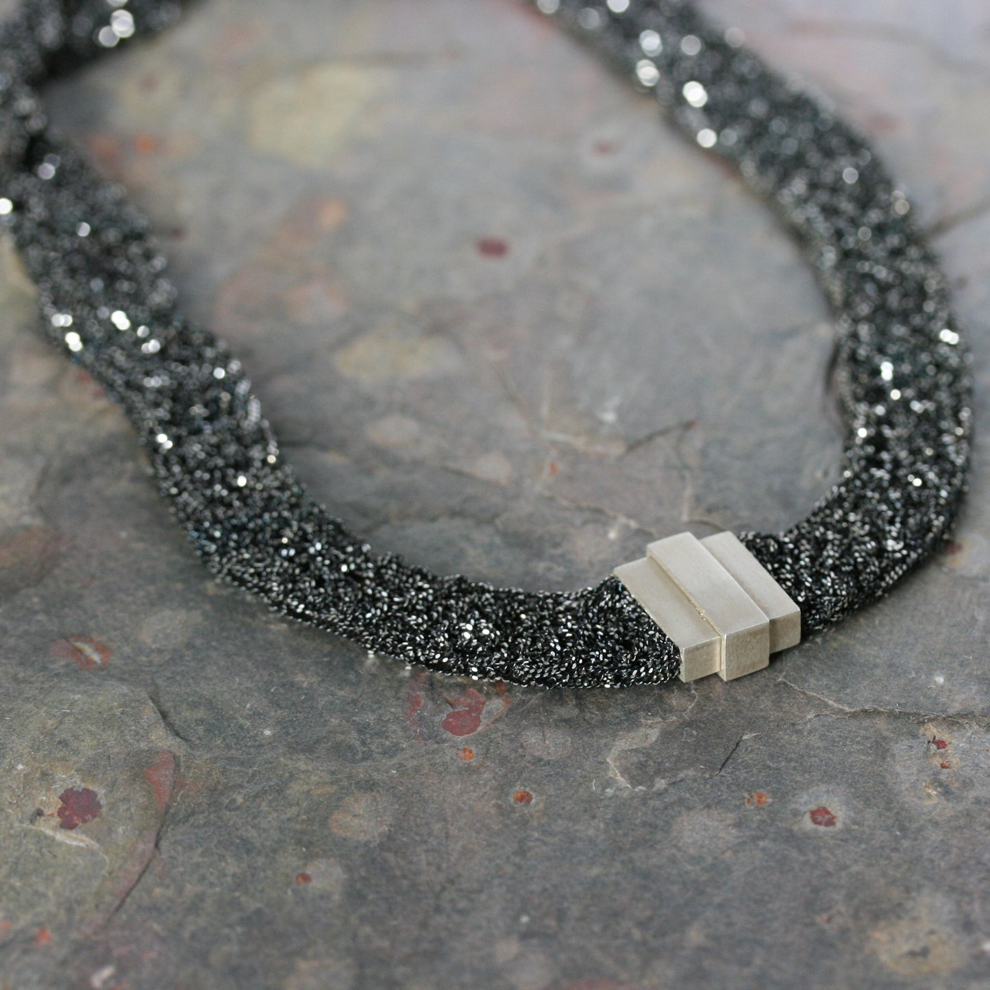 MARIA Black Rhodium Plated Woven Silver Statement Necklace