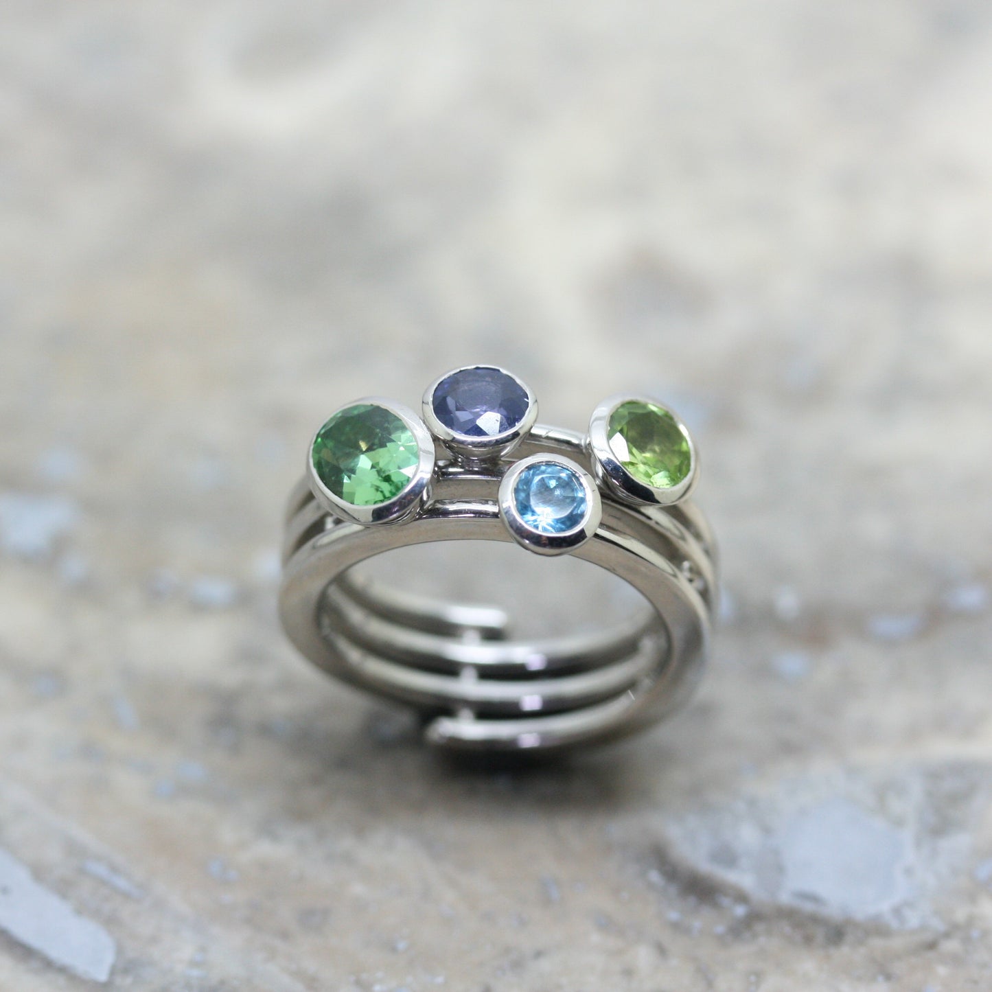 ADAM 18ct White Gold Diamond, Blue Sapphire, Peridot and Tourmaline 'Spiral' Ring