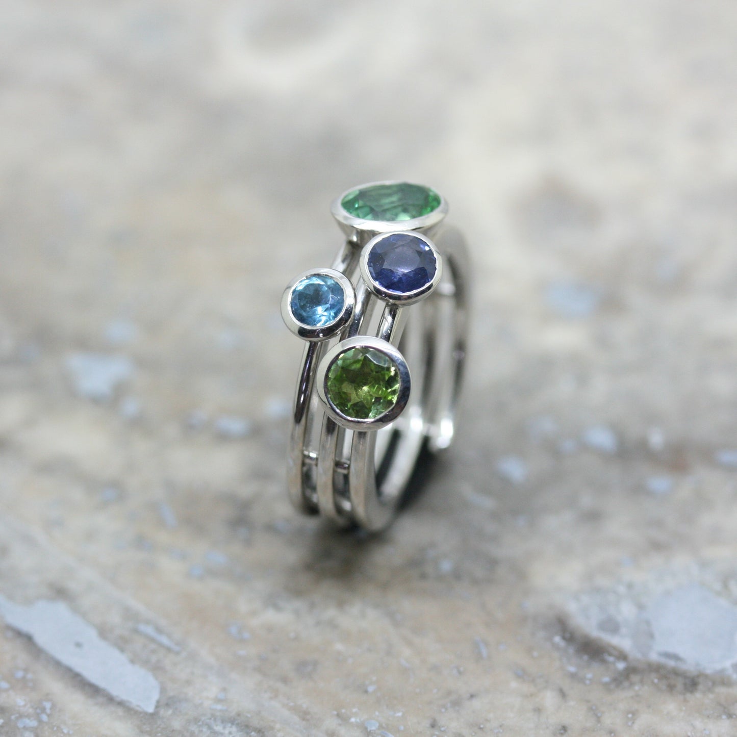 ADAM 18ct White Gold Diamond, Blue Sapphire, Peridot and Tourmaline 'Spiral' Ring