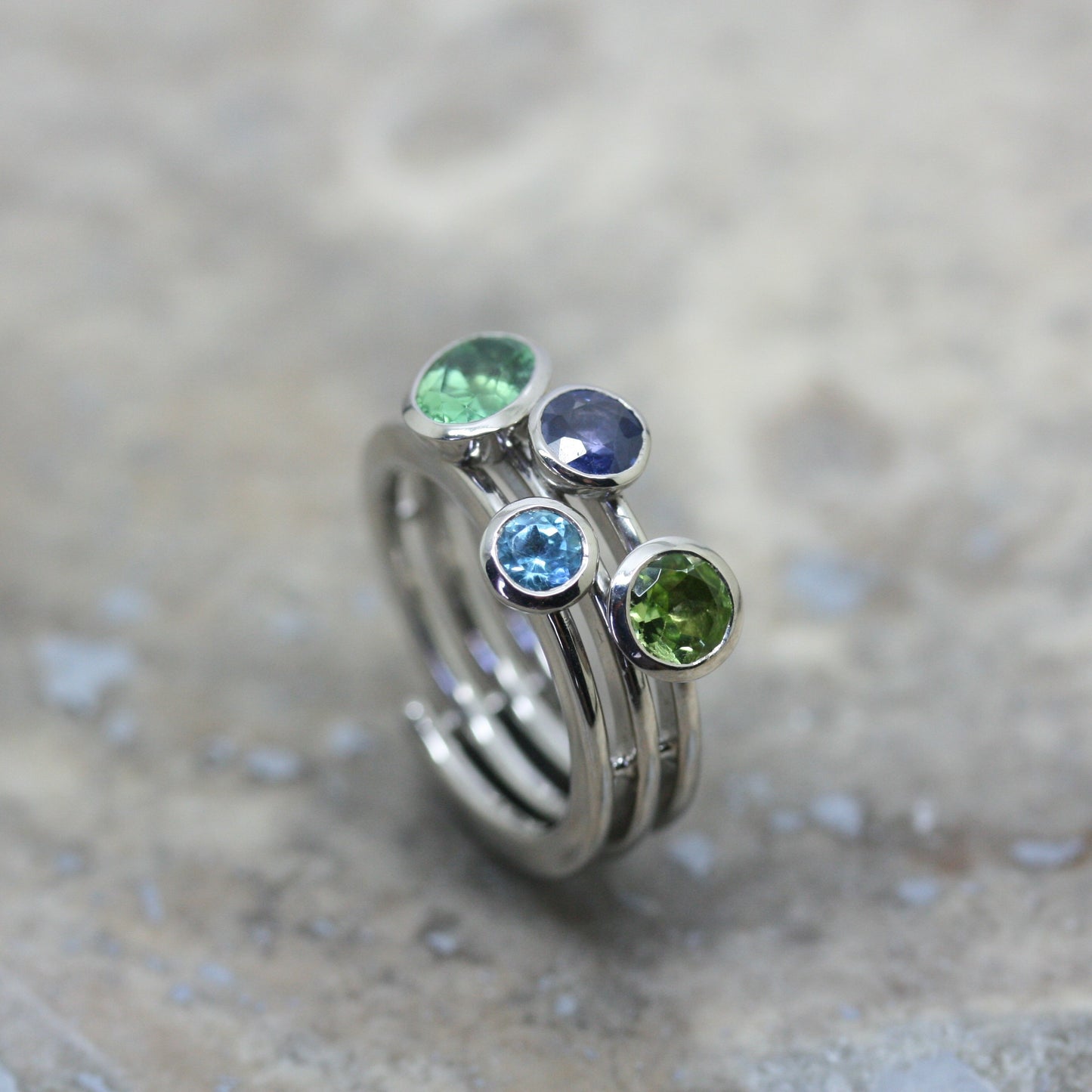 ADAM 18ct White Gold Diamond, Blue Sapphire, Peridot and Tourmaline 'Spiral' Ring
