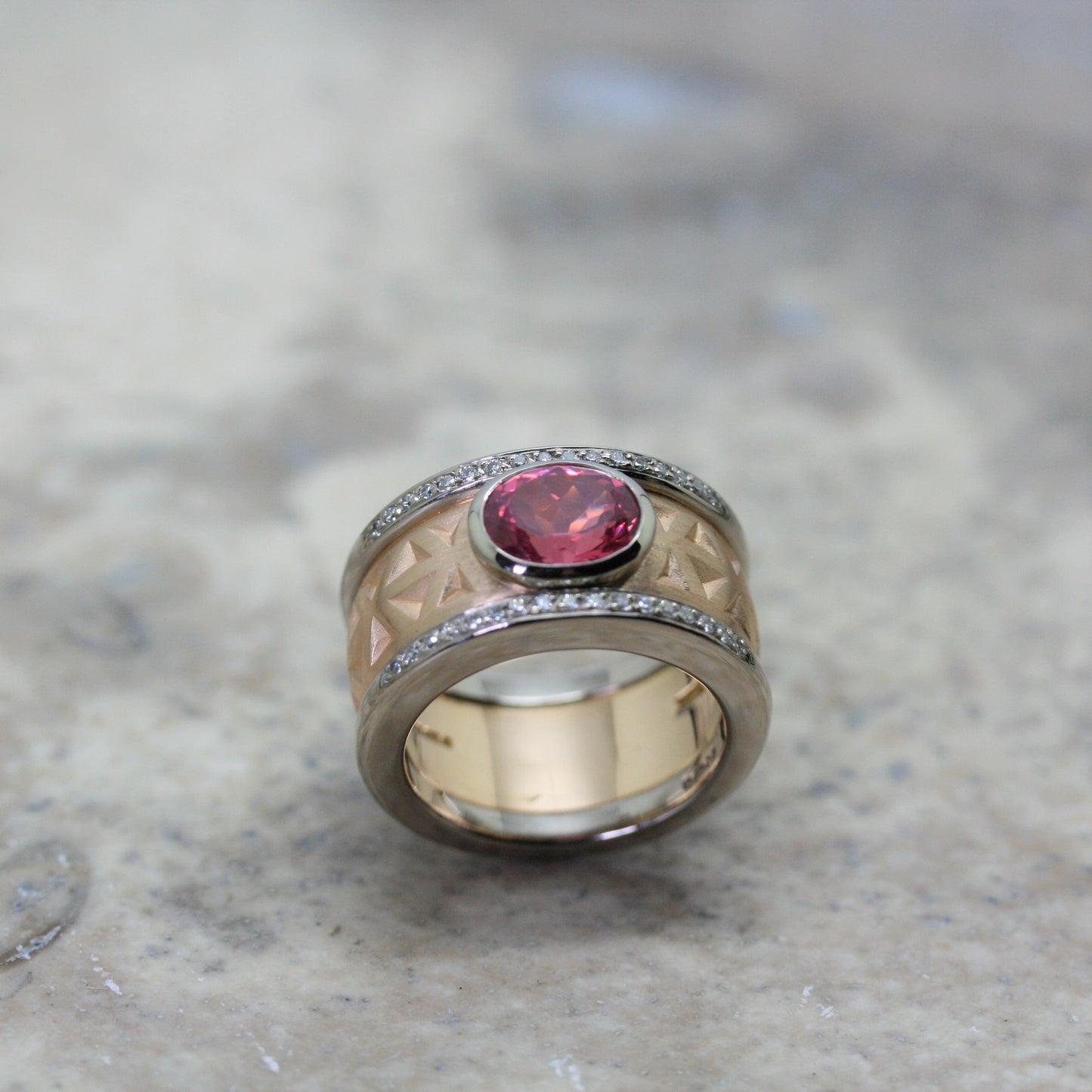 ADAM 18ct Rose Gold 'Triangle' Cut Ring with Pink Tourmaline and Diamonds