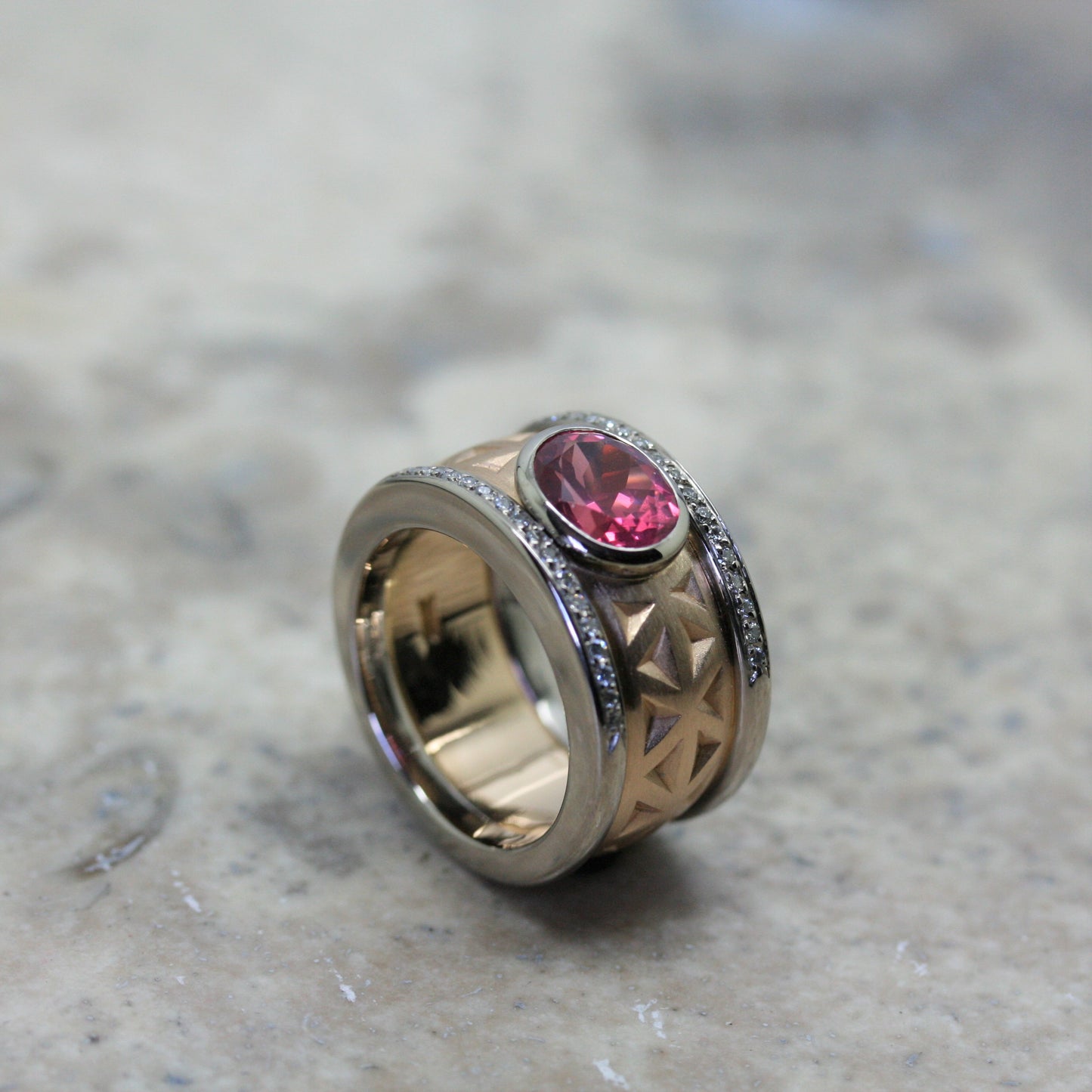 ADAM 18ct Rose Gold 'Triangle' Cut Ring with Pink Tourmaline and Diamonds