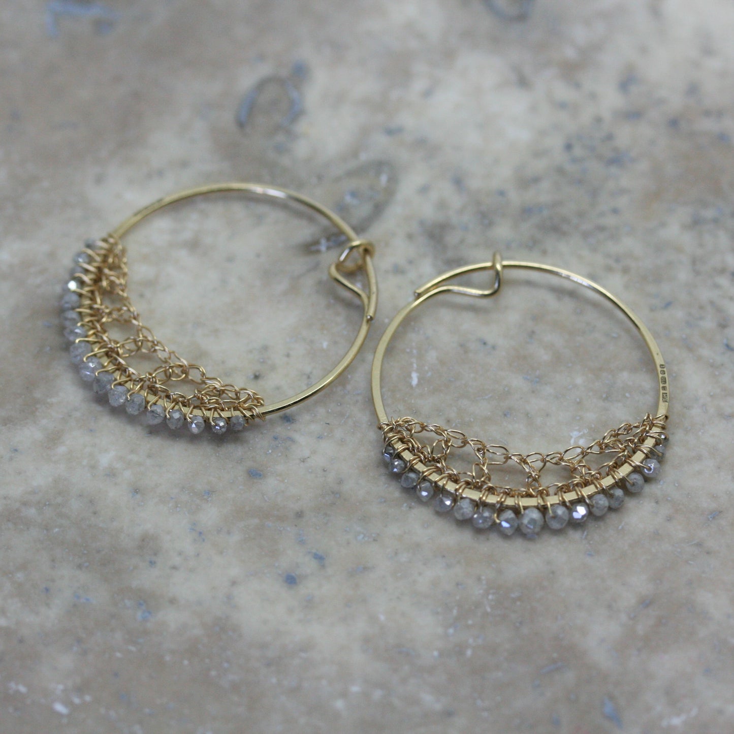 TERI 18ct Yellow Gold & Grey Diamond Crocheted Hoops