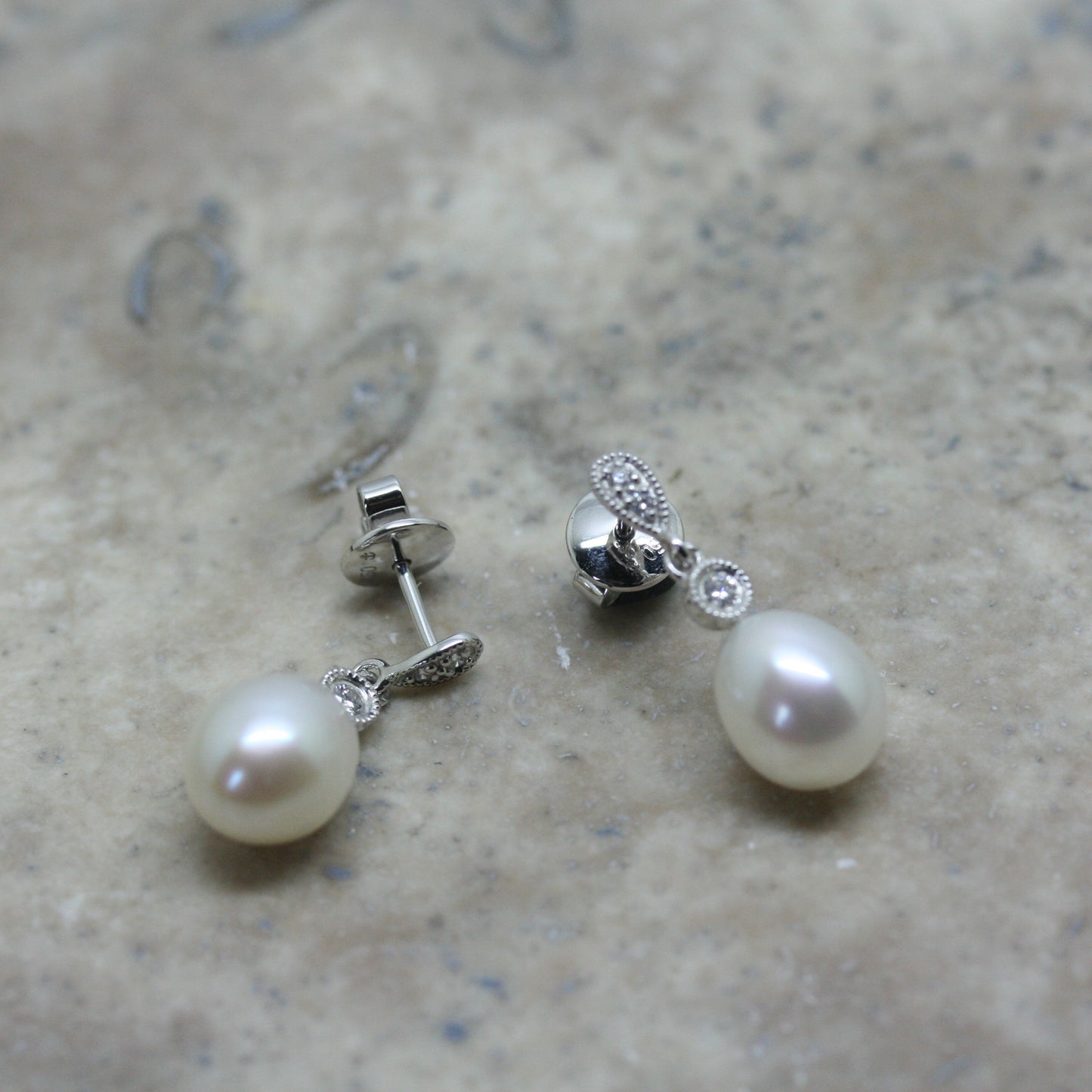 RAW Freshwater Pearl & Diamond 'Vintage' Drop Earrings