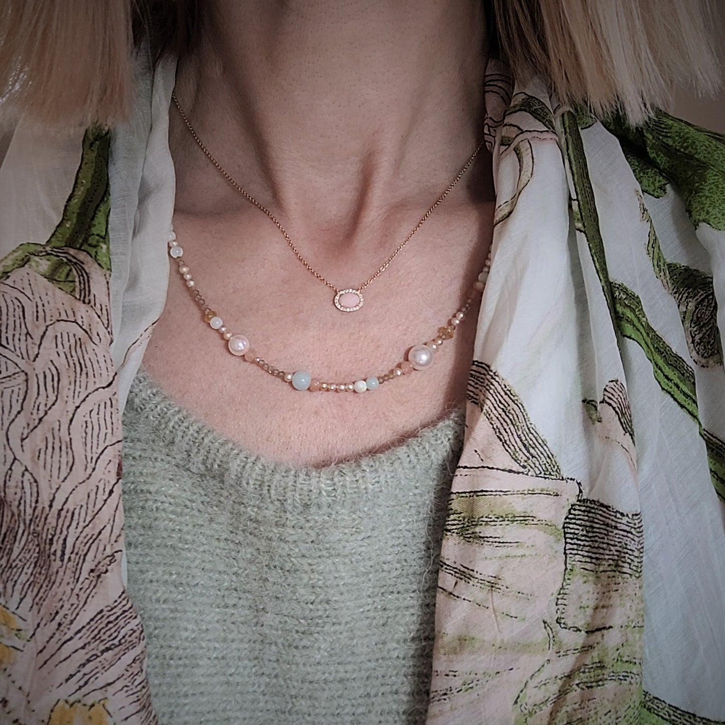 MEIRA T 14ct Rose Gold Peach Opal & Diamond Necklace