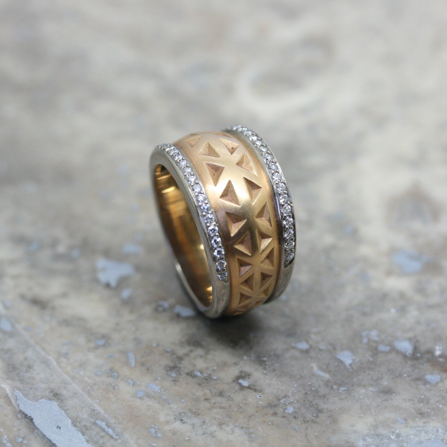 ADAM 18ct Rose Gold 'Triangle Cut' Ring with Diamond Edge Rails