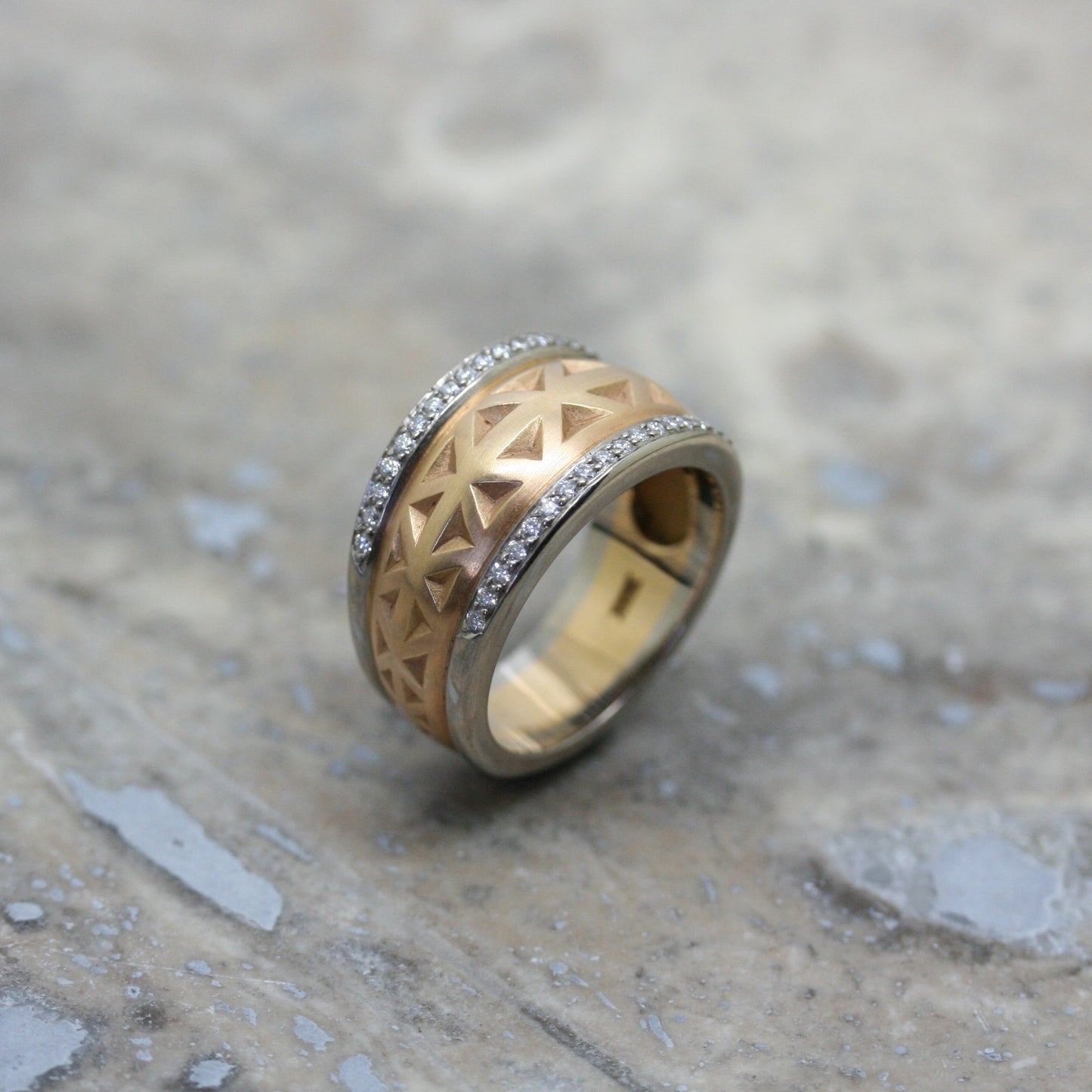 ADAM 18ct Rose Gold 'Triangle Cut' Ring with Diamond Edge Rails