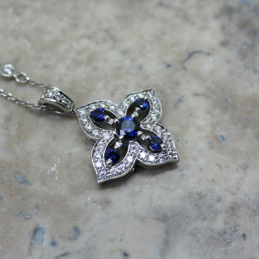 SOLEY 18ct White Gold Sapphire & Diamond Quatrefoil Pendant