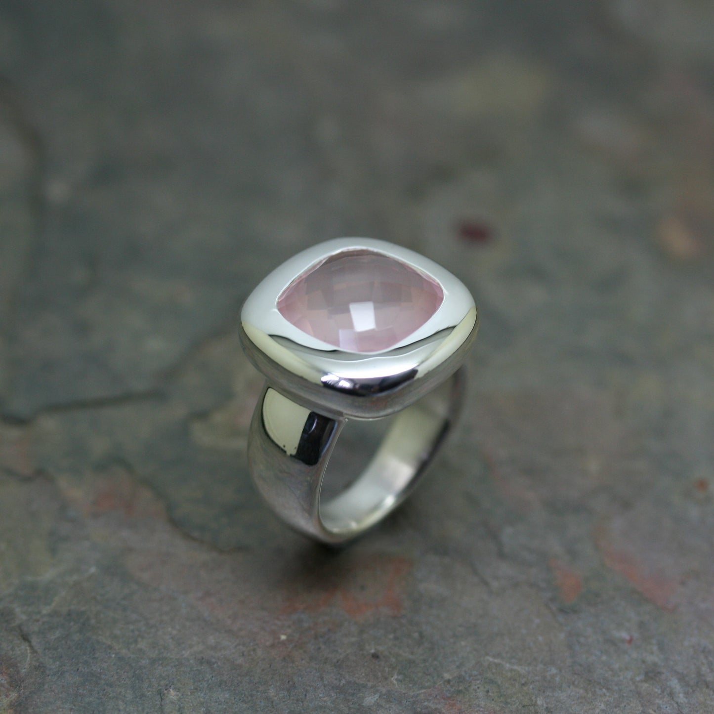 QUINN Silver & Rose Quartz Cabochon Ring