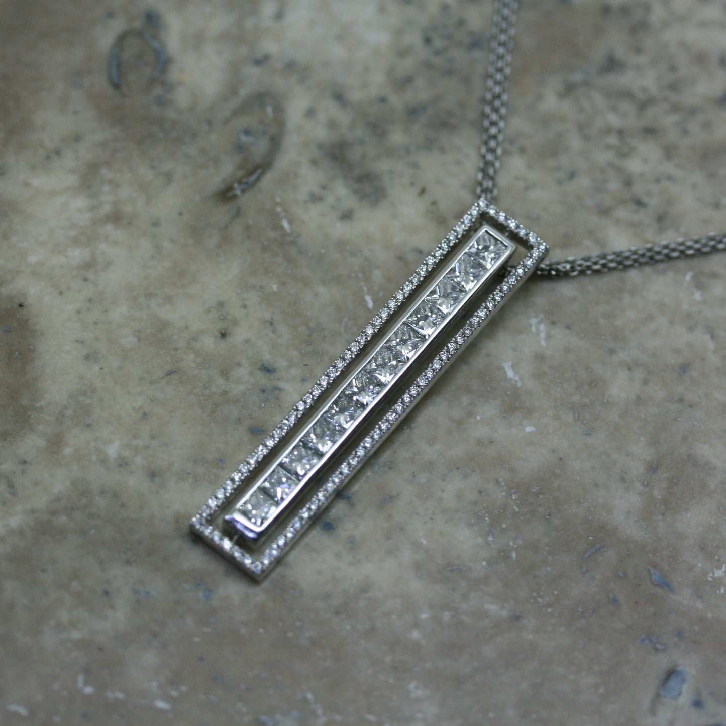 SOLEY 18ct White Gold Diamond Set Bar Pendant on Double Chain