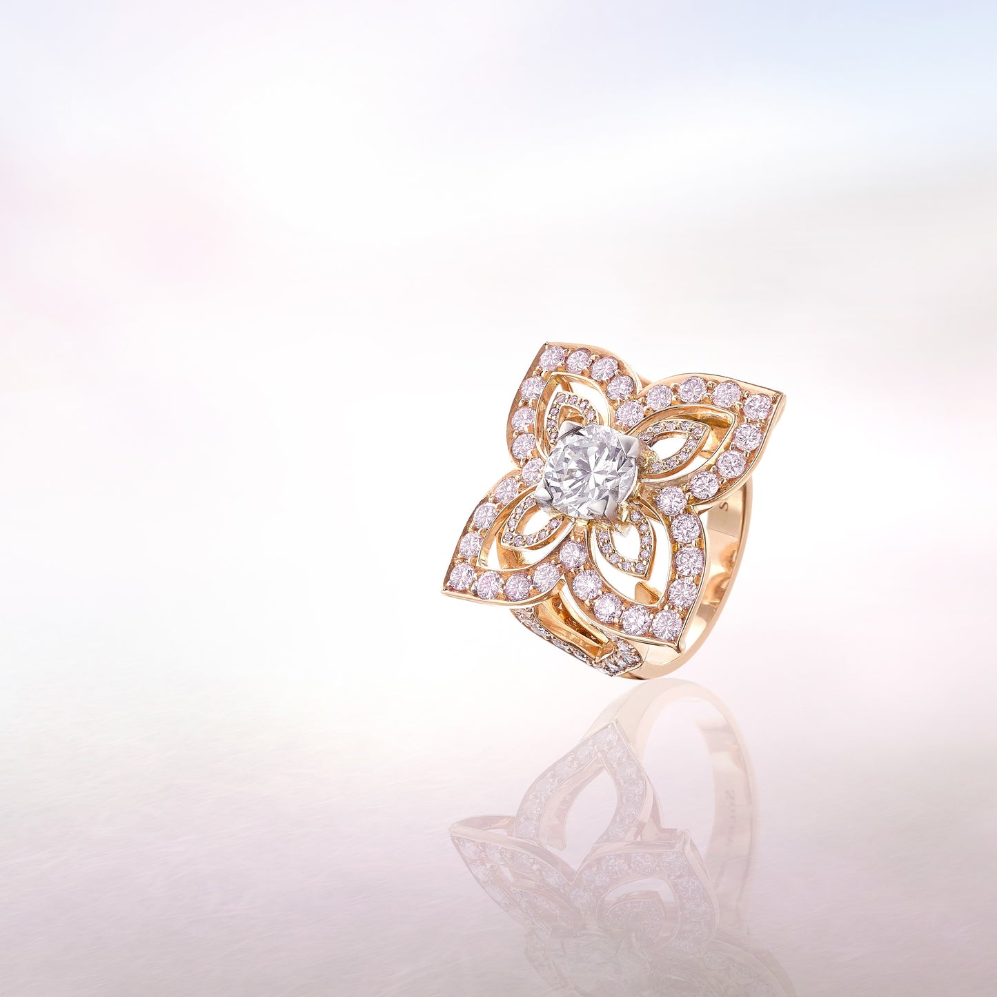 SOLEY 18ct Rose Gold Pink and White Diamond Quatrefoil Ring