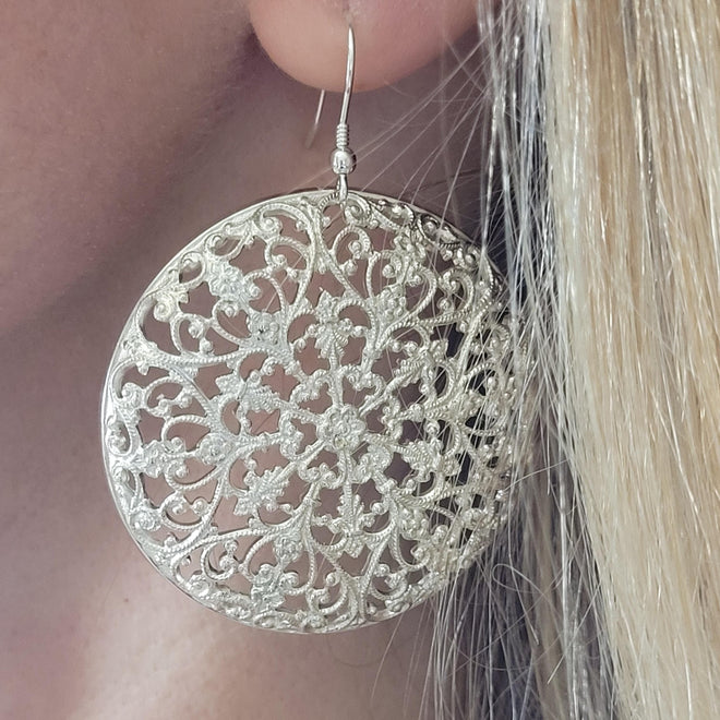 MA LTD Silver Mandala Style Drop Earrings