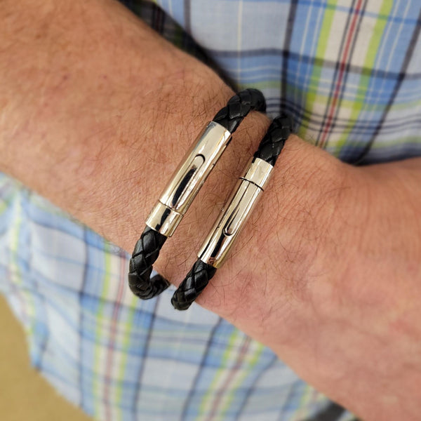 SAN Men's Plaited Black Leather Bracelet