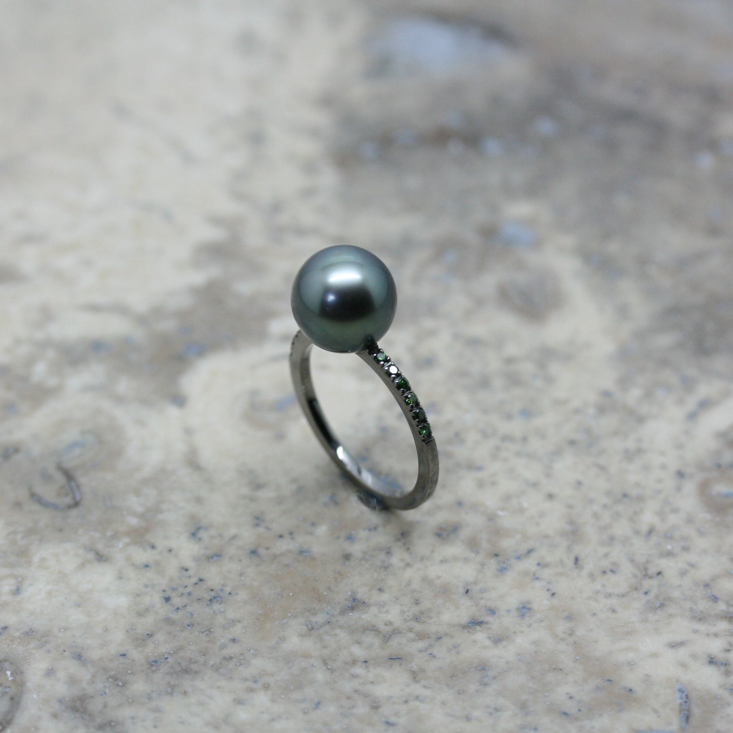 GELLNER Black Rhodium Plated 18ct White Gold Tahitian Pearl & Green Diamond Ring