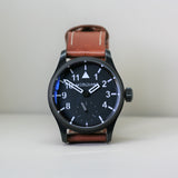 Seven Friday antique finish wristwatch with brown leather strap and black dial